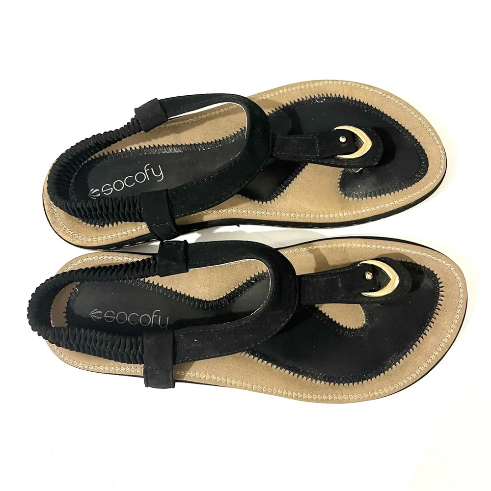 Socofy Black & Gold Thong Slingback Sandals Women’s Comfort Boho Strappy Size 7